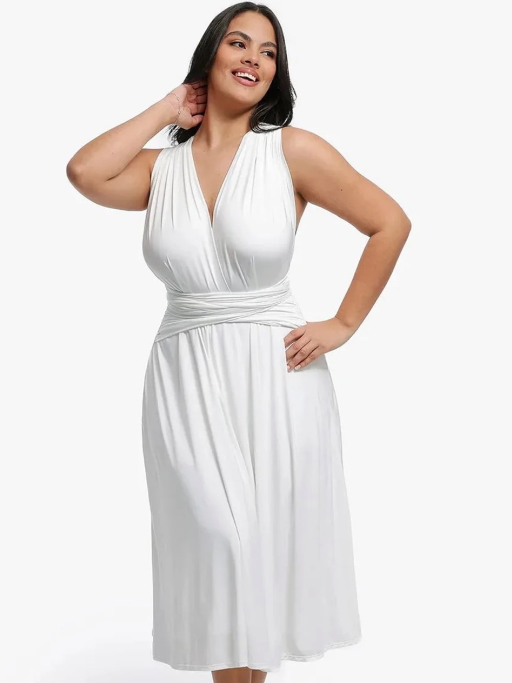 White Sleeveless V-Neck sculpting Convertible Midi Dress